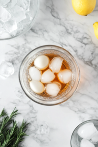 Ice cubes are being added to a glass cocktail shaker that already contains the mixed ingredients: egg white, lemon juice, simple syrup, Campari, and rosemary. The shaker is positioned on a pristine white marble countertop. The supporting tools, such as a jigger and bowl of ice, enhance the visual clarity of this critical step, preparing the drink for its final blend.