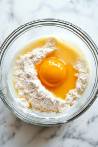 The image shows the next stage of the batter in a glass bowl, where a lightly beaten egg and whole milk are added on top of the half-mixed oat and syrup mixture. This step enriches the batter, ensuring smoothness and moisture in the final bars. The ingredients are clearly visible, ready for full incorporation.