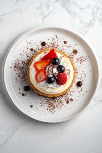 Top-down view of a slice of air fryer cheesecake served on a small white dessert plate placed on a white marble surface. The cheesecake is topped with whipped cream and fresh fruit like strawberries or blueberries. A fork rests nearby, inviting a bite. This final step completes the process and highlights the creamy texture and rich flavor.