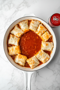 Top-down image of neatly arranged cabbage rolls placed in a white ceramic skillet on a white marble countertop. Half of the condensed tomato soup is poured over the rolls. The rolls are tightly packed, and the sauce coats the top layer. This step is essential to keep the rolls moist and enhance flavor during cooking.