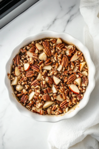 The apple pecan pie is placed inside a preheated oven at 350°F, where it will bake for 45 minutes until the crust is golden and the apples are tender. The pecan topping caramelizes beautifully during baking, infusing the pie with warm, nutty sweetness and creating a delightful texture contrast.