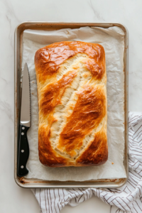 A freshly baked loaf of bread rests on a wooden cutting board over a white marble countertop. A hand is seen gently tapping the bottom of the loaf to check if it sounds hollow, an indication that it is fully baked. The golden-brown crust is crisp, and the loaf looks perfectly airy, ready to be sliced and enjoyed.