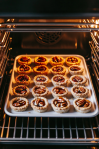 Mini pecan pies are baking in a preheated oven, the filling slowly puffing and setting as the crust turns golden. This step is where the transformation happens—the gooey filling firms up and the pecans become beautifully toasted. It takes around 25 minutes for the pies to bake perfectly and develop their signature look.