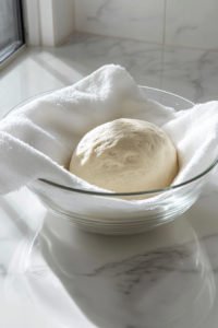 A transparent glass mixing bowl with kneaded bread dough inside is covered with a clean white kitchen towel, sitting on a white marble countertop. The dough has risen significantly, looking smooth and slightly domed as it doubles in size. This resting period allows the yeast to ferment, creating air pockets for a fluffy and well-textured loaf.