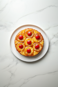 A top-down view of a golden caramel pineapple upside down cake served on a white ceramic plate. The cake has a glossy caramel finish with perfectly arranged pineapple rings and bright red cherries in the center of each. The dessert rests on a clean white marble surface, highlighting the inviting and festive appearance.