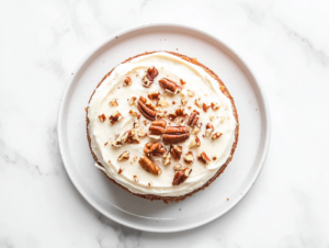 homemade carrot cake topped with creamy sugar-free cream cheese frosting and sprinkled with chopped pecans. The cake sits on a simple white ceramic plate over a white marble countertop. The rich orange crumbs and white frosting contrast beautifully, giving it a warm and rustic bakery-style appeal.