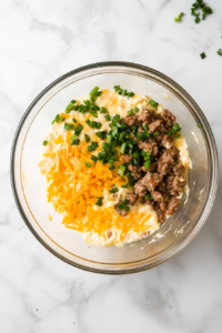 Top-down view of the egg and cream mixture now combined with browned sausage, shredded Cheddar cheese, shredded Swiss cheese, and chopped green onions in the same clear glass bowl. A silver spoon rests inside, showing the well-mixed ingredients. This step ensures every quiche is filled with a balanced bite of flavor and texture.