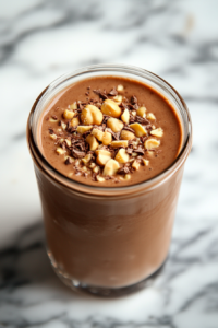 Top-down view of a chocolate peanut butter banana smoothie served in a clear glass jar, placed on a white marble countertop. The smoothie has a thick, creamy consistency and is topped with cocoa nibs and crushed peanuts. The setup is minimal, clean, and styled to highlight the richness and freshness of the healthy smoothie.