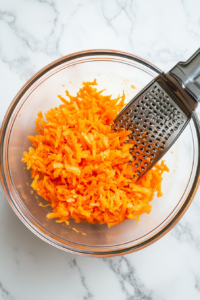 Top-down view of a large clear glass bowl placed on a clean white marble countertop, partially filled with freshly grated orange carrots. A stainless-steel hand grater rests nearby alongside whole carrots on a white cutting board. This step highlights the preparation of fresh, crunchy carrots as the base for the salad.