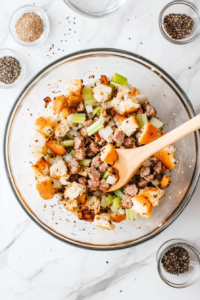 A large mixing bowl filled with cubed white bread, browned sausage, and buttery sautéed vegetables. These ingredients are gently mixed together, allowing the bread to soak up the rich, savory flavors, creating the perfect stuffing base.