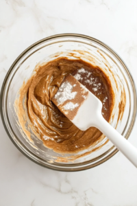 The dry ingredients are gradually being added into the wet banana mixture inside a large glass bowl, all placed on a clean white marble countertop. A white spatula is seen folding the mixture gently. This step is crucial to avoid overmixing, which ensures a soft and fluffy banana bread texture.