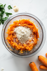The dry ingredients are being added into the carrot, butter, and egg mixture inside the food processor. The batter is thick and smooth with a rich orange hue. This step ensures all components are fully incorporated before baking. A spatula and measuring cups can be seen beside the processor on the counter.