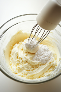 Top-down view of a large glass bowl with smooth cream cheese, two cracked eggs, powdered sugar, and vanilla extract being blended with a white hand mixer. Measuring spoons and an open vanilla bottle are placed neatly around the bowl on a white marble countertop. This step ensures a creamy rich layer for the bars.