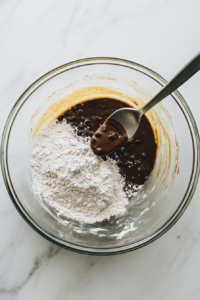 A large glass mixing bowl holds the dry oat and chocolate chip mixture with the wet banana-based ingredients being poured in from a second bowl. A stainless steel spoon is halfway through stirring. The batter is thick and textured. The background is a clean white marble surface with a focus on mixing.