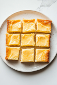 Top-down view of the fully baked cream cheese gooey butter bars resting on a cooling rack. The top is golden brown and set. Once cooled, the dessert is sliced into neat squares and placed on a white ceramic plate over the white marble countertop. The bars reveal a layered texture with a rich creamy topping.