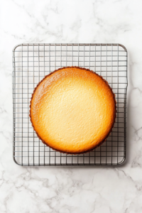 Top-down image showing the freshly baked cheesecake resting in the same round pan on a white marble countertop. The cheesecake is slightly golden with a set center. It is cooling at room temperature before refrigeration. This essential step ensures the cheesecake firms up and achieves the ideal texture before serving.