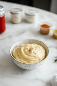 Top-down view of a glass bowl filled with a smooth, creamy homemade sauce made from mayonnaise, ketchup, mustard, and spices. The bowl sits on a clean white marble countertop with ingredients like hot sauce, mustard bottle, mayonnaise jar, and vinegar placed nearby, creating a minimal and organized cooking scene perfect for showcasing a finished sauce.
