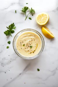 A bowl of creamy lemon garlic sauce is shown placed on a clean white marble countertop. The sauce is pale yellow, smooth, and garnished with chopped parsley and chives. The surrounding area is clean and minimal, highlighting the simplicity and freshness of the finished dip, perfect for spreading or dipping.