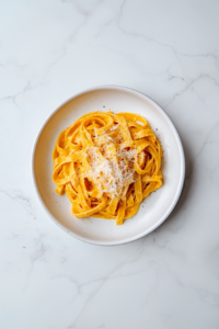 Top-down view of the completed creamy pumpkin fettuccine pasta served on a white ceramic plate placed on a clean white marble countertop. The golden-orange pumpkin cream sauce coats the fettuccine evenly, and the dish is topped with freshly grated Parmesan cheese. This simple and elegant presentation is warm and inviting, perfect for fall meals or cozy dinners. The minimal background enhances the focus on the rich texture and vibrant color of the pasta dish.