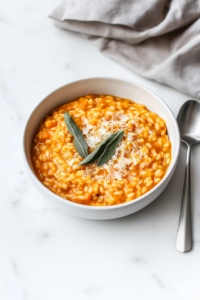A beautifully presented bowl of creamy pumpkin risotto served in a white ceramic bowl. The risotto is rich and glossy, topped with finely grated parmesan and crispy sage leaves. Each spoonful looks comforting and full of flavor, with visible golden pumpkin cubes and a buttery texture that highlights the perfect consistency of the dish.