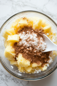 A top-down image showing the drained crushed pineapple being thoroughly mixed with the dry blend of sugar, cornstarch, and cinnamon in a clear glass bowl using a white silicone spoon. This mixture, placed on a white marble countertop, starts to take shape into a sweet, fragrant pineapple base for the pudding.