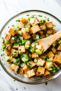 A top-down view of a large clear glass mixing bowl on a white marble countertop, filled with cubed whole wheat bread, sautéed onions and celery, and freshly chopped parsley. A wooden spoon is mixing the ingredients while the egg and broth mixture is being poured in, coating the bread evenly for a flavorful stuffing.