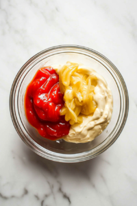 Montreal steak seasoning and smoked paprika are sprinkled over a glass bowl filled with mayonnaise, ketchup, relish, and Dijon mustard. This top-down view captures the spices before mixing, showing how their rich red and brown tones will add smoky and savory flavors to this homemade burger sauce. Everything is placed on a white marble background.