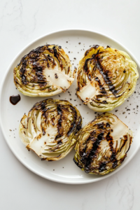 Grilled cabbage steaks are drizzled with dark balsamic glaze and optionally sprinkled with grated Parmesan on a white ceramic plate over a white marble countertop. The thick cabbage steaks have visible grill marks and a slight crispness. This final touch adds flavor depth and visual appeal, making the dish perfect to serve hot as a savory and healthy side.