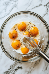 Top-down view of a clear glass mixing bowl placed on a white marble counter with cracked eggs, heavy whipping cream, salt, and black pepper being whisked. A silver whisk stirs the yellow mixture, preparing the base for the mini quiches. This creamy, seasoned blend provides the smooth and fluffy texture of each bite.