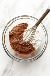 Top-down view of a medium-sized clear glass bowl containing all-purpose flour, cinnamon, baking soda, and salt. The bowl is placed on a white marble surface. A silver whisk rests beside the bowl. These dry ingredients are combined separately to ensure even distribution before mixing with the wet banana mixture.
