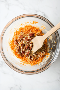 A clear glass bowl contains the carrot cake batter with bright orange grated carrots and chopped pecans being folded in using a white rubber spatula. The white marble countertop enhances the clean and vibrant setup. This crucial step adds texture, moisture, and crunch to the batter, making the cake rich and flavorful.