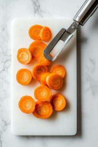 A top-down view of fresh carrots being washed peeled and trimmed using a stainless steel vegetable peeler. The carrots are placed on a white cutting board, ready for roasting. Larger carrots are cut in half lengthwise to ensure even cooking. The clean white marble surface enhances the neatness of the prep area.