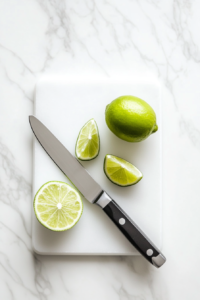 Bright green limes are sliced into equal-sized wedges on a clean white cutting board, placed over a white marble countertop. A sharp silver knife with a black handle is lying beside the limes. This preparation step is crucial to extract the maximum flavor from the limes before blending them for the Brazilian lemonade.