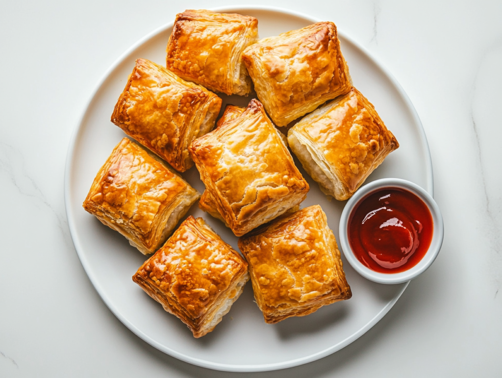 A plate of golden brown, flaky sausage rolls is arranged neatly on a white ceramic plate, sitting on a white marble countertop. The pastry looks crisp and layered, while the filling inside is slightly visible. A small dish of ketchup is placed beside the plate, ready for dipping. The clean background keeps the focus on the delicious sausage rolls, making them look inviting and ready to serve.