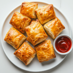 A plate of golden brown, flaky sausage rolls is arranged neatly on a white ceramic plate, sitting on a white marble countertop. The pastry looks crisp and layered, while the filling inside is slightly visible. A small dish of ketchup is placed beside the plate, ready for dipping. The clean background keeps the focus on the delicious sausage rolls, making them look inviting and ready to serve.