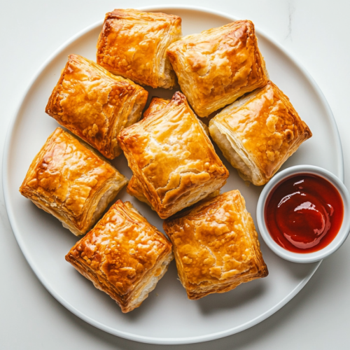 A plate of golden brown, flaky sausage rolls is arranged neatly on a white ceramic plate, sitting on a white marble countertop. The pastry looks crisp and layered, while the filling inside is slightly visible. A small dish of ketchup is placed beside the plate, ready for dipping. The clean background keeps the focus on the delicious sausage rolls, making them look inviting and ready to serve.