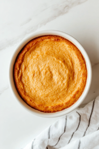 A beautifully baked carrot soufflé sits in a white ceramic baking dish on a clean white marble countertop. The top is golden and puffed, slightly browned around the edges, showcasing its light and airy texture. This dessert looks soft and moist, made from carrots, butter, eggs, and a hint of vanilla, ready to serve.