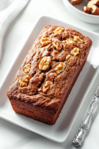 Top-down view of a freshly baked homemade banana bread loaf resting on a white ceramic plate placed over a clean white marble countertop. The golden-brown crust shows visible cracks and embedded walnut bits, highlighting its soft texture. The setup is minimal and visually clean, offering a warm and inviting bakery-style presentation that emphasizes comfort and simplicity.