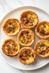 Top-down view of golden mini sausage quiches beautifully arranged on a white ceramic plate. The fluffy egg base is mixed with sausage, Cheddar, and Swiss cheese, topped with melted cheese and green onions. The white marble background and clean setup highlight the rich, savory texture and irresistible homemade look of these baked delights.