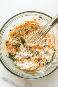 A smooth and thick mixture of remoulade sauce is shown in the clear glass bowl, now fully combined using a stainless steel whisk. The sauce is creamy with visible flecks of herbs, olives, and spices, indicating that all ingredients have been evenly distributed. The top-down shot captures the uniformity and richness of this flavorful spread.