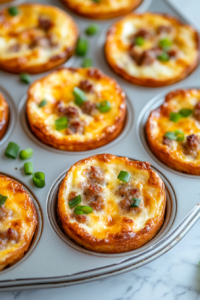 Top-down shot of freshly baked mini sausage quiches still in the muffin tin, resting on a white marble surface. Each quiche is puffed and golden brown with melted cheese on top, lightly browned edges, and visible bits of green onion. This image captures the final stage before serving, showcasing the comforting homemade appeal of this dish.