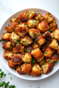 A top-down view of golden brown baked stuffing balls arranged neatly on a white ceramic plate. The crispy exterior contrasts with the soft interior, and freshly chopped parsley is sprinkled on top. The plate is set on a clean white marble countertop, creating a simple yet inviting presentation of this delicious dish.