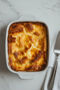 Top-down view of a freshly baked bread pudding in a white ceramic dish, golden brown on top and cooling slightly on a white marble countertop. A silver knife rests nearby, having come out clean after testing doneness. The dish looks rich, comforting, and ready to be served warm with toppings.