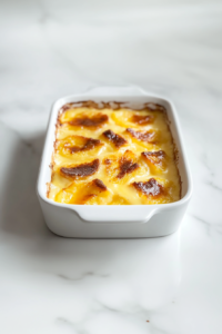 A top-down shot of the freshly baked pineapple dessert in a white ceramic baking dish sitting on a white marble countertop. The top is golden and bubbly with hints of caramelized pineapple and cinnamon visible. The texture looks warm and inviting, perfectly baked after 25 minutes in the oven, ready to serve.