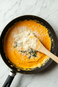 Top-down view of a black skillet on a clean white marble countertop, where grated Parmesan cheese is being stirred into the creamy pumpkin sauce using a wooden spoon. A small glass bowl of Parmesan and a grater are placed nearby. The cheese melts quickly, adding a salty, nutty flavor and enhancing the velvety texture of the sauce, which is nearly ready for the pasta to be tossed in.