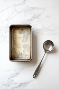 A clean silver 9x5 inch metal loaf pan is shown greased and placed on a white marble countertop, ready for the banana bread batter. This step is crucial for preventing sticking and ensuring even baking. The setup is simple with a focus on the prepared pan and white clean workspace.