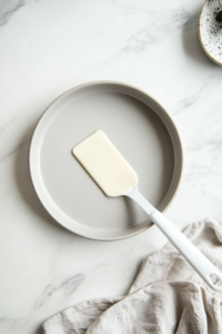 A clean glass bowl with soft unsalted butter sits next to a 9 inch round cake pan being greased using a white spatula. An oven temperature dial is set to 180 degrees Celsius or 350 degrees Fahrenheit. The scene is set on a white marble countertop, keeping the focus on prepping the baking pan for the cake.