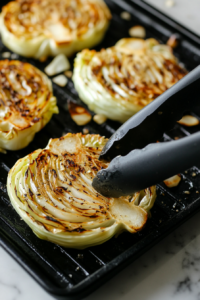 Cabbage steaks are grilling on a preheated black grill pan, developing beautiful char marks and a crispy exterior while sitting over a clean white marble cooktop. Tongs are used to flip the steaks, ensuring even cooking. The garlic and oil sizzle while the seasoning enhances the smoky aroma, making this a visually appealing and flavorful grilling process.