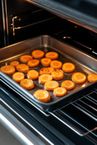 Carrots halfway through roasting are flipped with a stainless steel spatula to ensure even cooking and browning. The baking sheet is placed on a pulled-out oven rack with the white marble countertop underneath. This step helps achieve golden edges and a tender interior, crucial for perfect roasted carrots with balanced flavor.