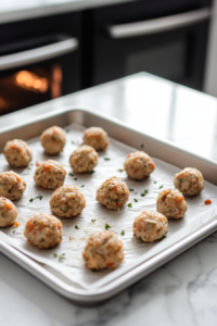 A top-down view of hands carefully shaping the stuffing mixture into small, even-sized balls and placing them on a parchment-lined baking sheet. The mixture is well combined, with visible pieces of bread, onion, and parsley. A glass mixing bowl with the remaining stuffing mixture sits nearby on the white marble countertop.